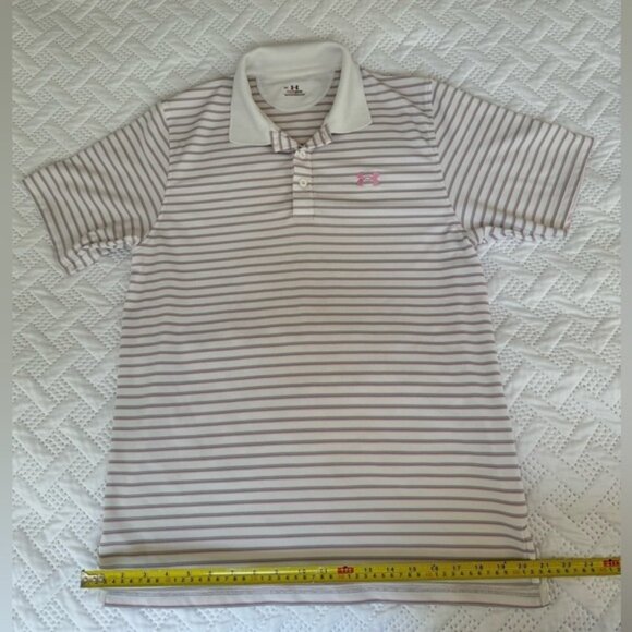 Under Armour White Striped Collared Golf Shirt Medium Breast Cancer Awareness - Picture 15 of 16